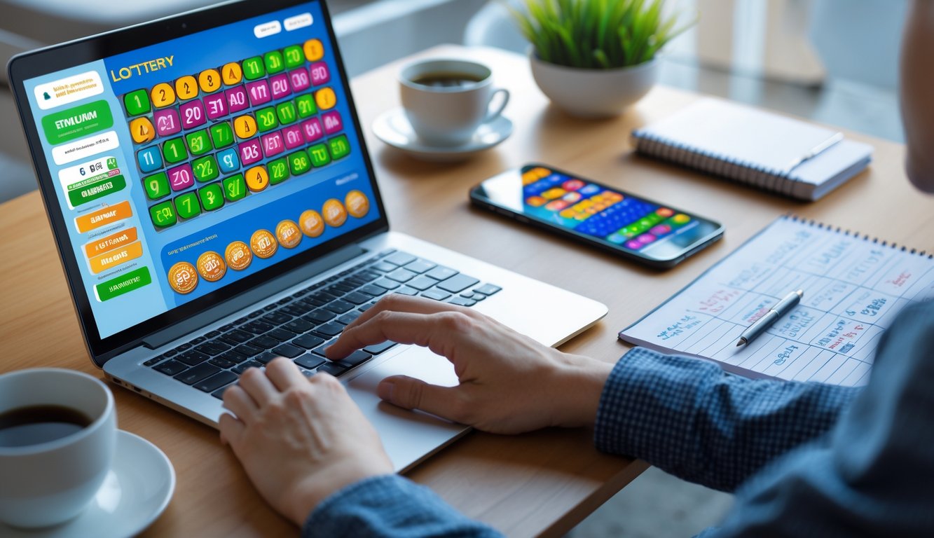 Meja kerja modern dengan laptop yang menampilkan situs togel online, tangan seseorang sedang menggunakan laptop, di sekitar terdapat kopi, ponsel, dan catatan.