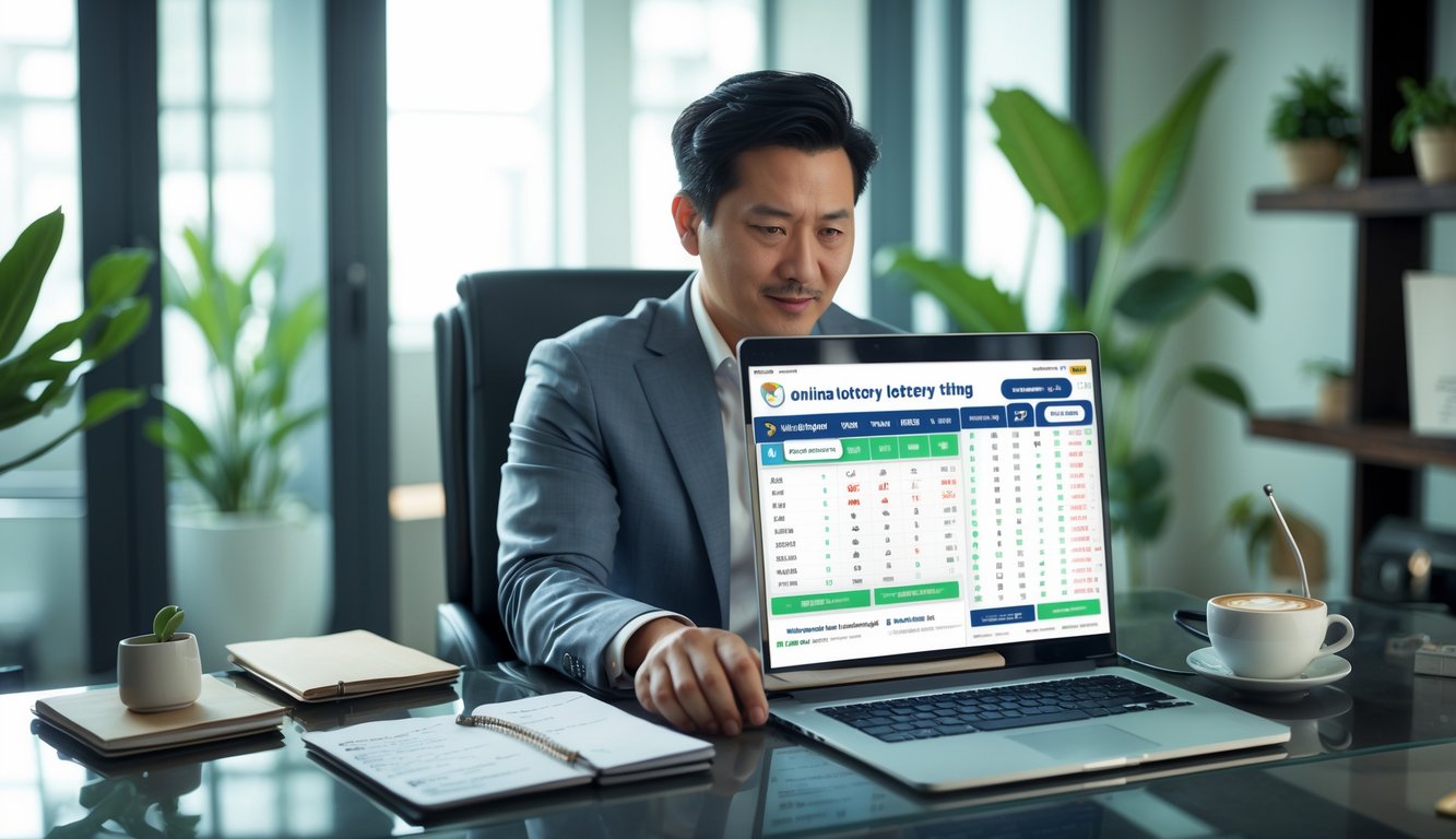 Seorang pria Asia duduk di meja kerja modern dengan laptop dan ponsel, fokus pada aktivitas taruhan togel online di ruangan dengan jendela besar dan tanaman hias.