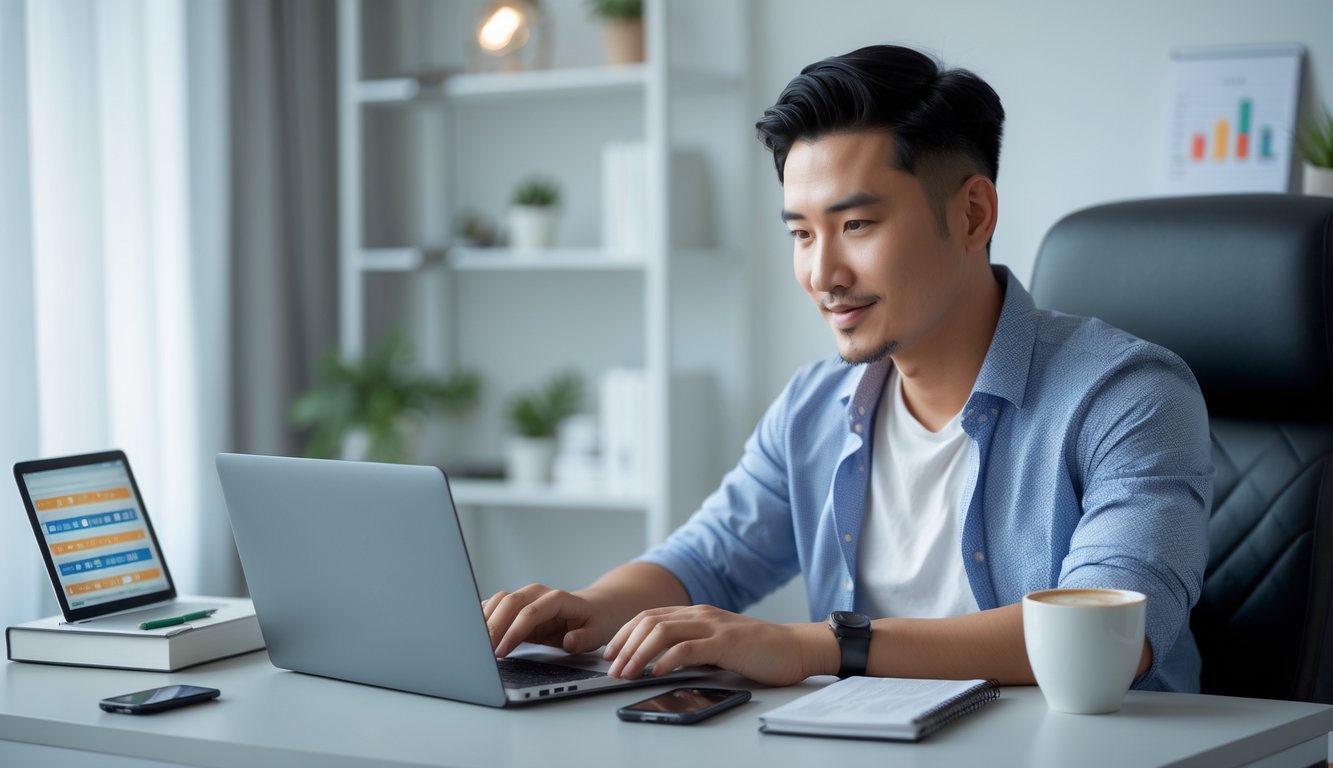 Seorang pria Asia Tenggara duduk di meja kerja dengan laptop, terlihat fokus dan percaya diri dalam ruangan yang rapi dan terang.