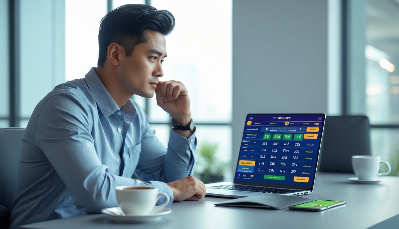 Seorang pria duduk di meja dengan laptop dan ponsel, fokus pada layar yang menampilkan antarmuka togel online, di ruang kantor yang terang dan minimalis.