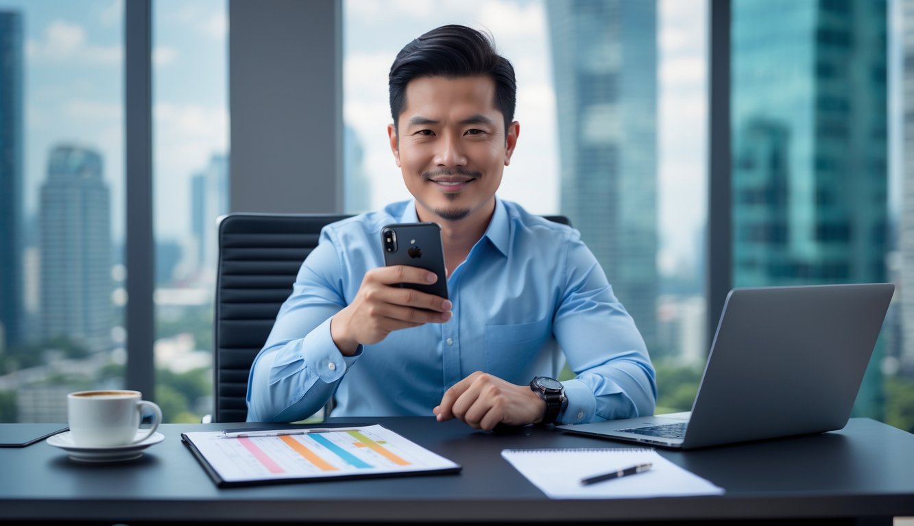 Seorang pria Asia Tenggara duduk di meja kantor modern dengan laptop dan ponsel, terlihat fokus dan percaya diri dengan latar belakang pemandangan kota Bangkok.