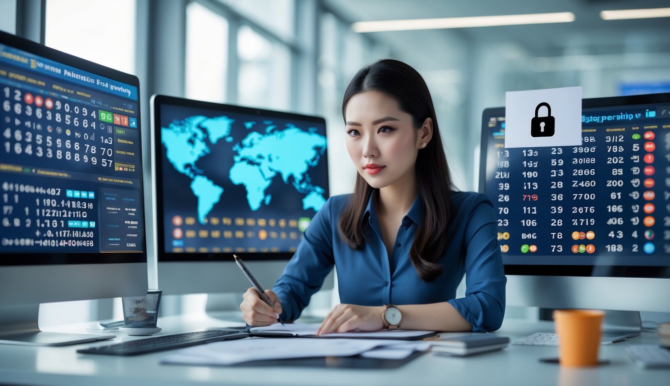 Seorang wanita muda duduk di meja dengan beberapa layar komputer yang menampilkan data dan angka togel, terlihat fokus dan percaya diri di kantor modern.