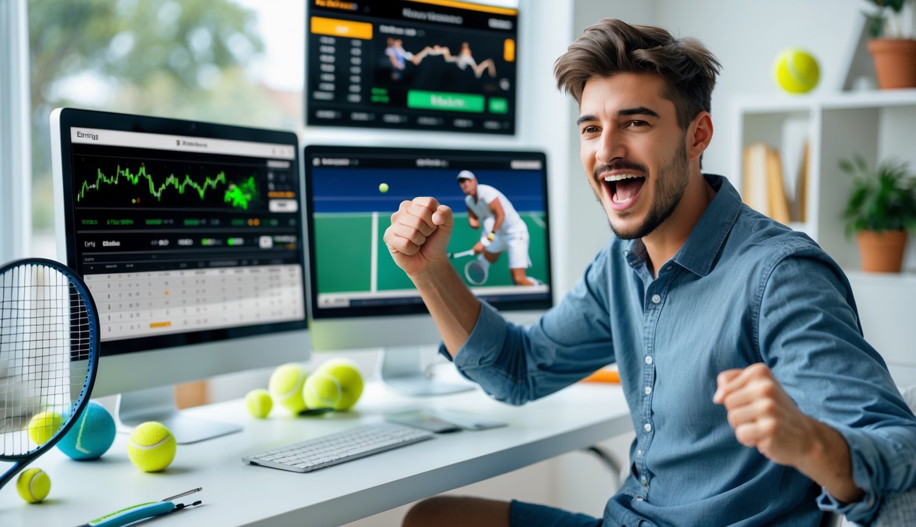 Seorang pria muda duduk di meja dengan beberapa layar yang menampilkan pertandingan tenis dan peluang taruhan, terlihat senang dan percaya diri setelah menang.