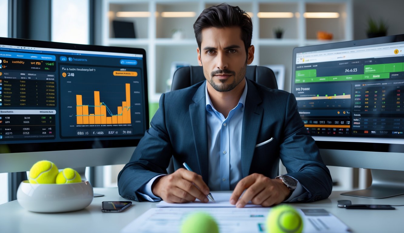 Seorang pria fokus duduk di meja dengan beberapa layar komputer menampilkan statistik dan skor pertandingan tenis, sedang menganalisis data dalam ruangan kantor modern.