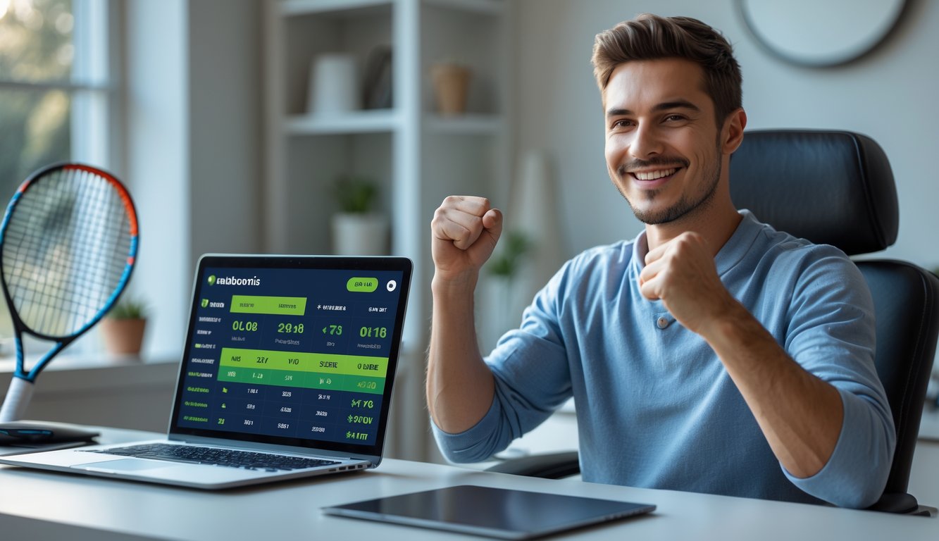 Seorang pria tersenyum sambil mengangkat tangan dalam gestur kemenangan di depan laptop di ruang kerja rumah.