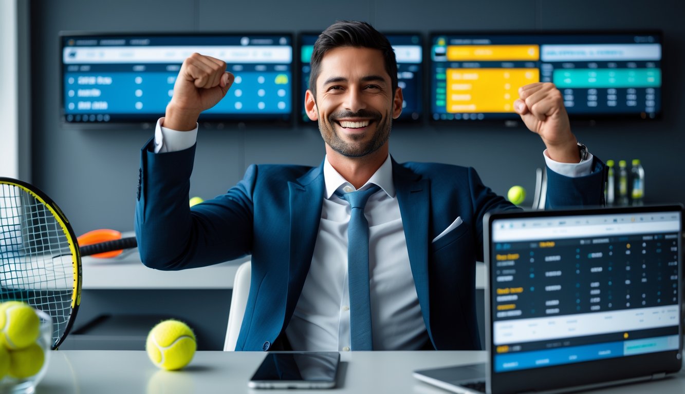 Seorang pria percaya diri merayakan kemenangan di depan komputer dengan layar yang menampilkan statistik tenis dan taruhan.