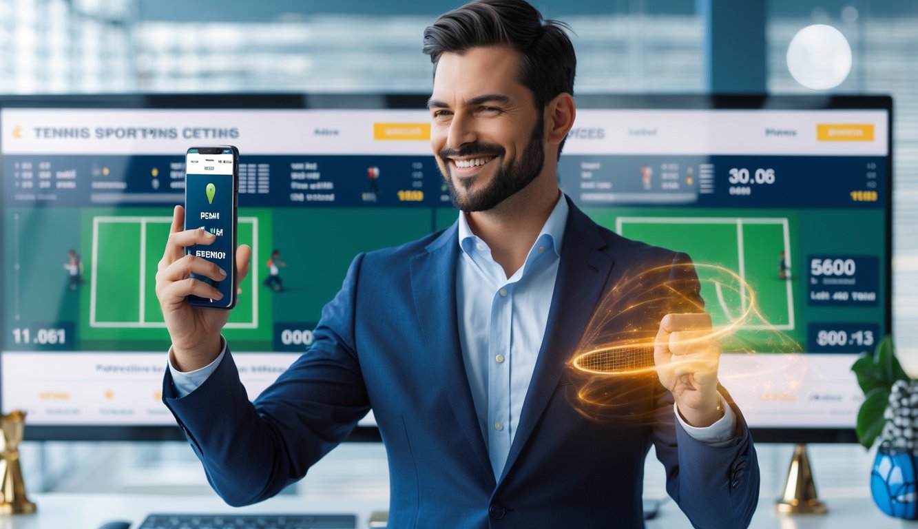 Seorang pria percaya diri merayakan kemenangan tenis di ruang kantor modern dengan layar digital menampilkan statistik pertandingan tenis.