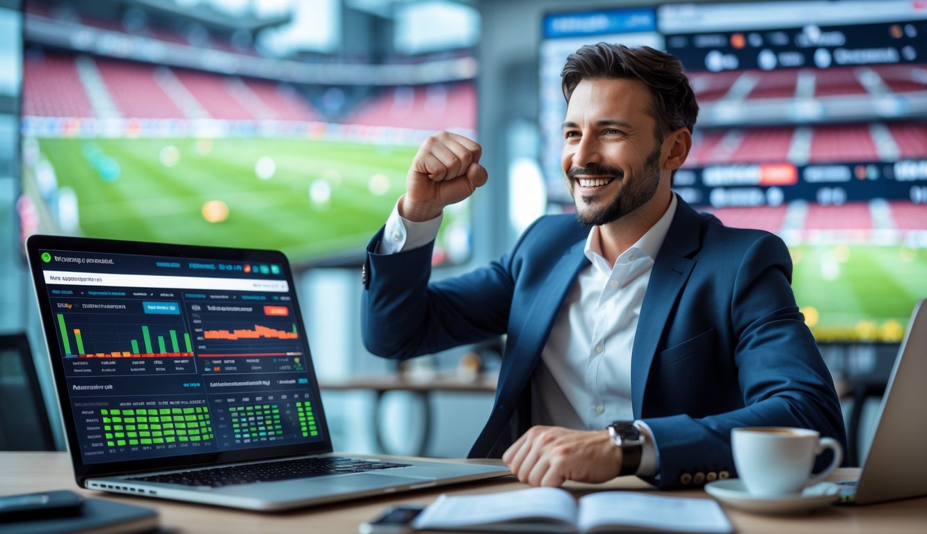 Seorang pria sedang merayakan kemenangan taruhan bola di depan laptop di kantor modern.