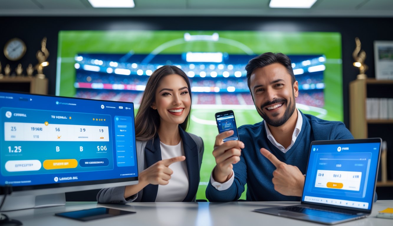 Seorang pria dan wanita merayakan kemenangan taruhan sepak bola di depan layar dengan statistik pertandingan dan stadion sepak bola di latar belakang.