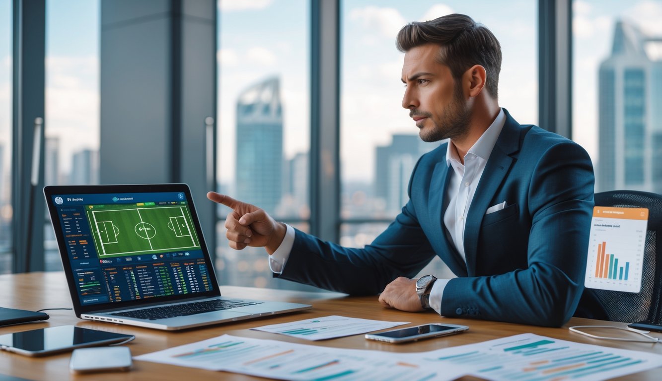 Seorang pria bisnis sedang menganalisis strategi taruhan sepak bola di kantor modern dengan perangkat digital di meja.