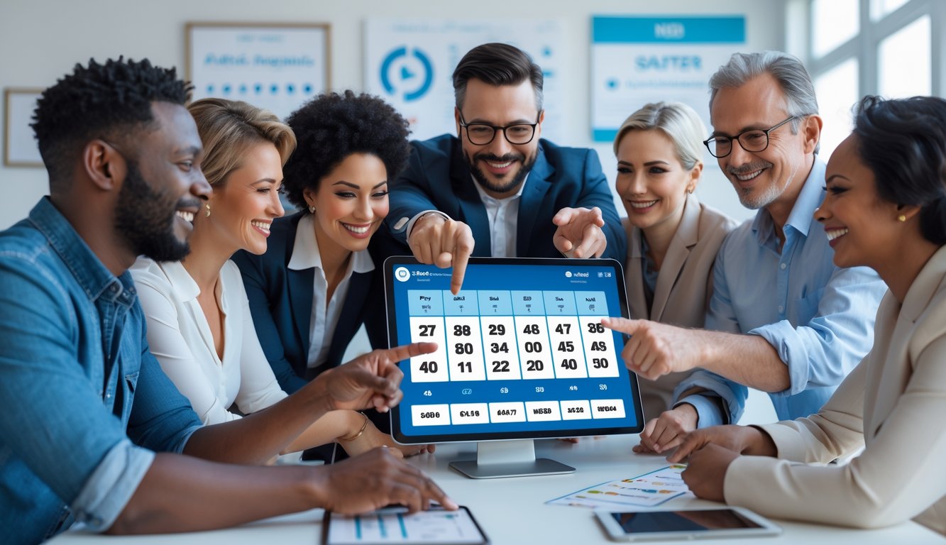 Sekelompok orang dewasa sedang berkumpul di sekitar perangkat digital yang menampilkan angka lotre dan grafik, terlihat fokus dan antusias dalam merencanakan strategi menang.