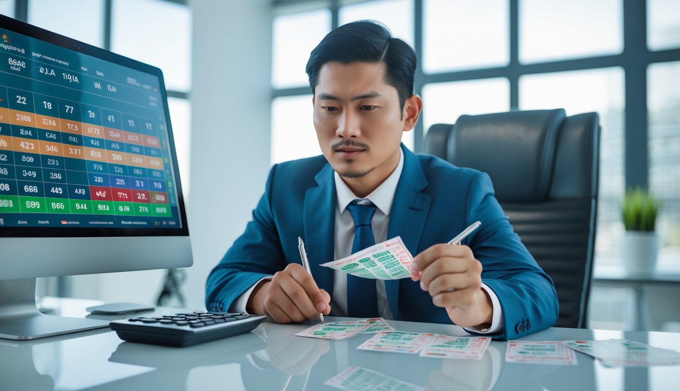 Seorang pria Asia Tenggara berpakaian rapi duduk di meja kantor modern sambil menganalisis data dan tiket lotere.