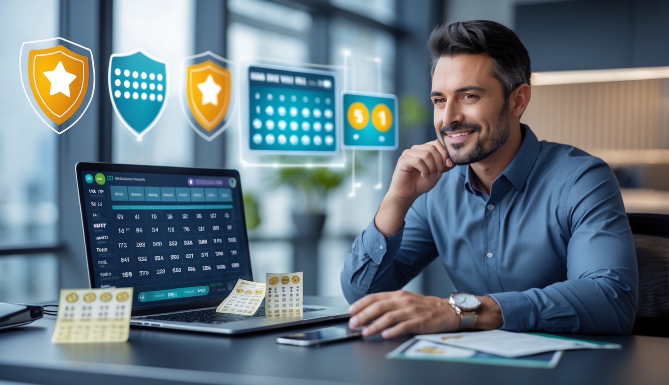 Seorang pria duduk di meja modern dengan beberapa layar digital menampilkan angka togel dan grafik, sedang menganalisis data dengan ekspresi percaya diri.