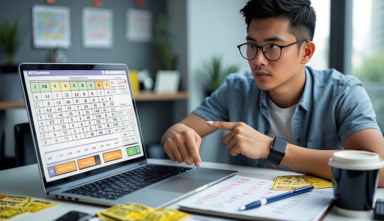 Seorang dewasa muda sedang menganalisis strategi judi togel dengan laptop, buku catatan, dan alat tulis di meja kerja.