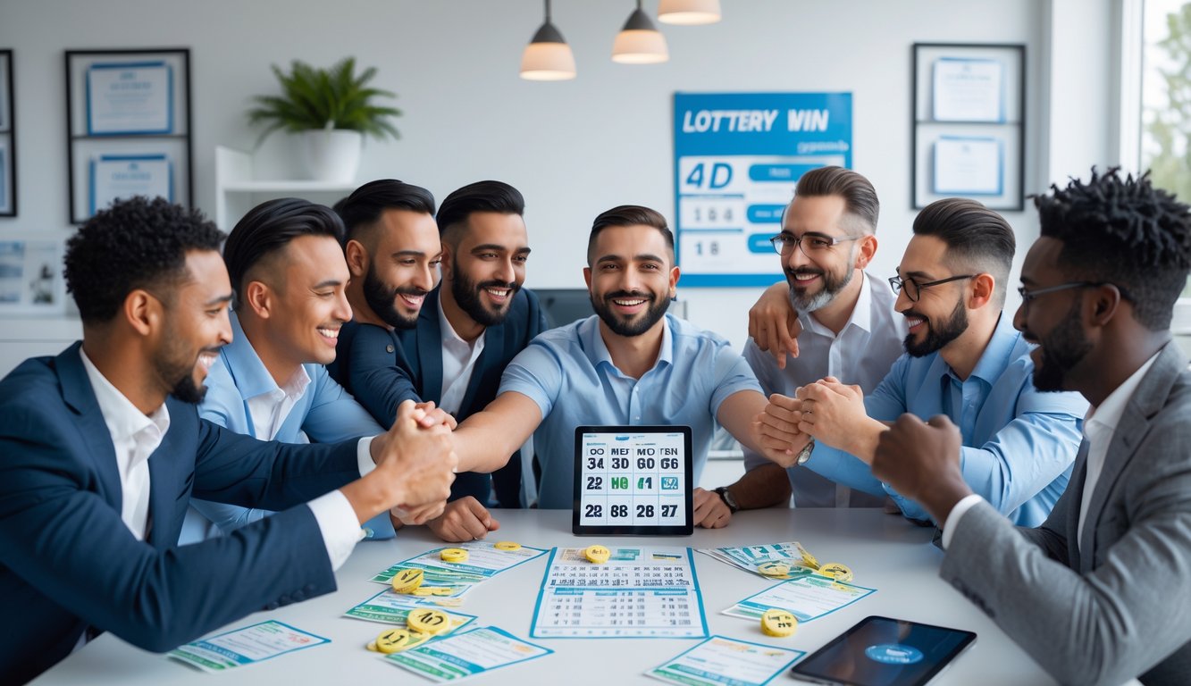 Sekelompok pria tersenyum dan merayakan kemenangan judi togel di ruang kantor yang terang dan modern.