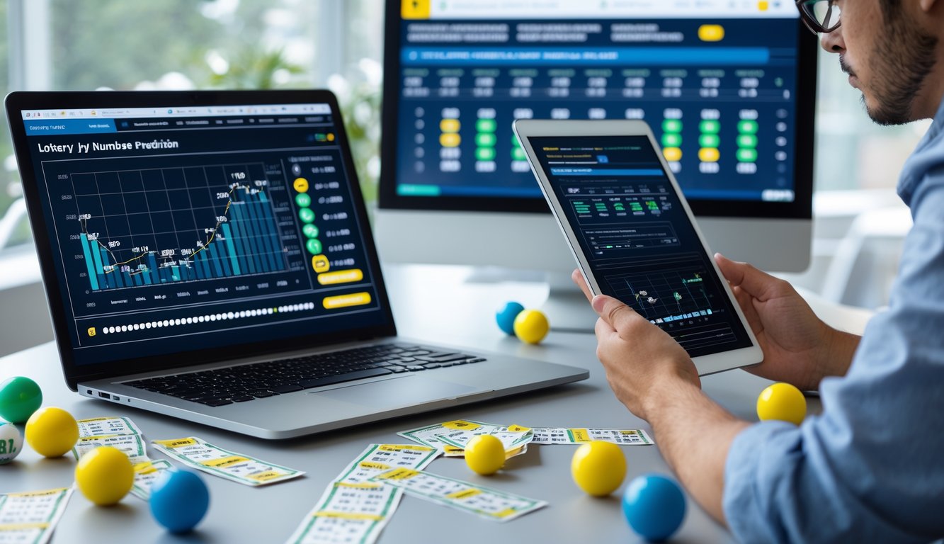 Seorang pria sedang menganalisis data angka togel di depan laptop dan tablet di meja kerja yang rapi.