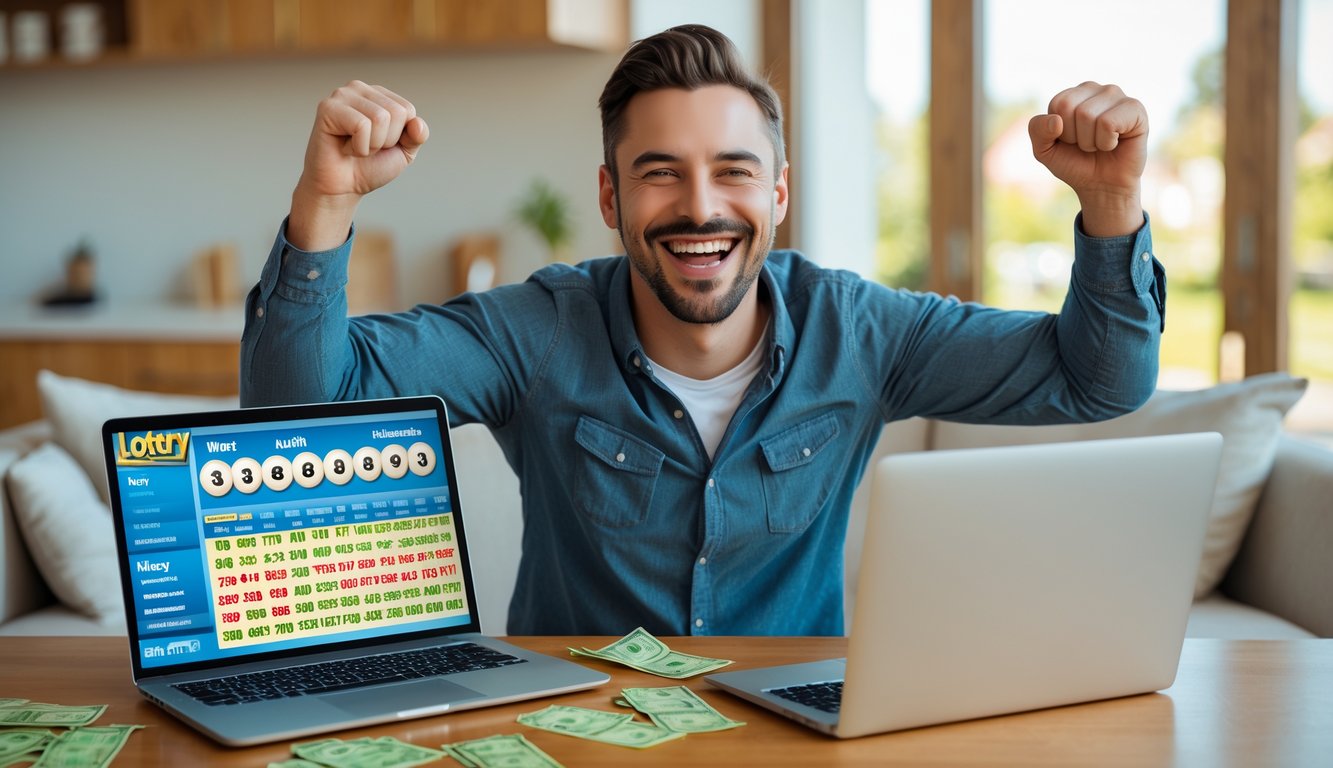 Seorang pria tersenyum lebar merayakan kemenangan lotre di ruang tamu modern dengan tiket lotre dan laptop di sekitarnya.