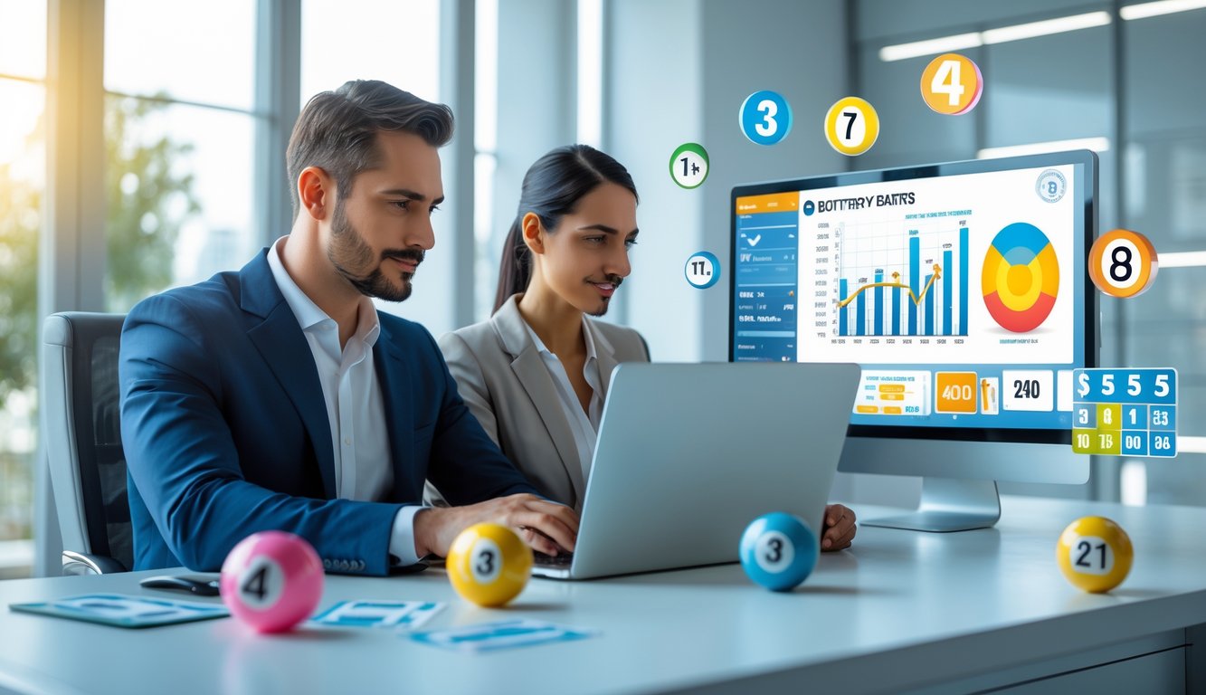 Seorang pria dan wanita duduk bersama di meja kantor sambil melihat layar laptop dengan grafik dan angka, dikelilingi oleh elemen-elemen yang terkait dengan permainan togel.