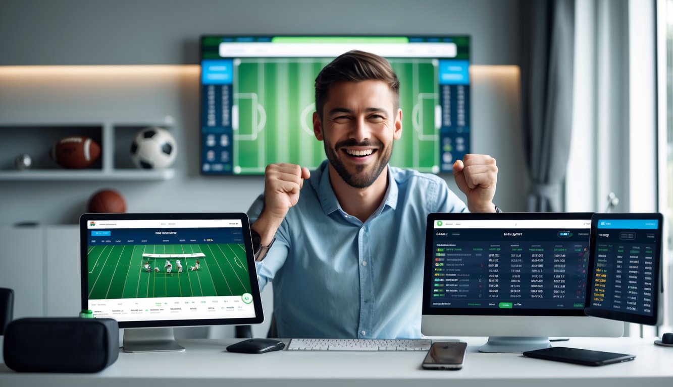 Seorang pria tersenyum bahagia duduk di meja dengan perangkat digital menampilkan statistik dan peluang taruhan sepak bola.