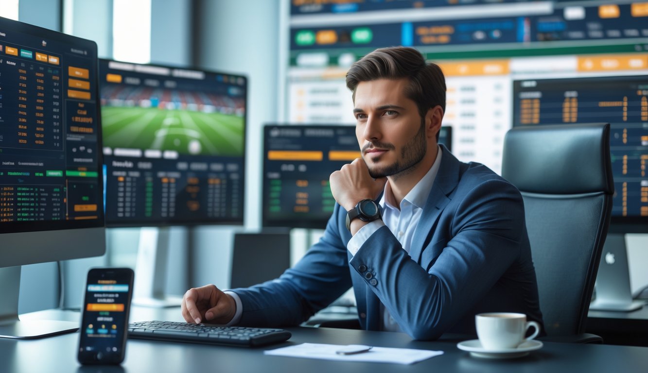Seorang pria duduk di meja dengan beberapa layar komputer menampilkan data taruhan olahraga dan statistik pertandingan sepak bola, sedang fokus menganalisis informasi di lingkungan kantor modern.