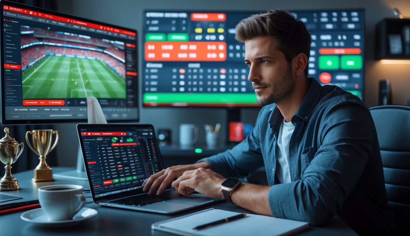 Seorang pria muda duduk di meja kerja dengan beberapa perangkat digital yang menampilkan data taruhan olahraga dan pertandingan sepak bola.
