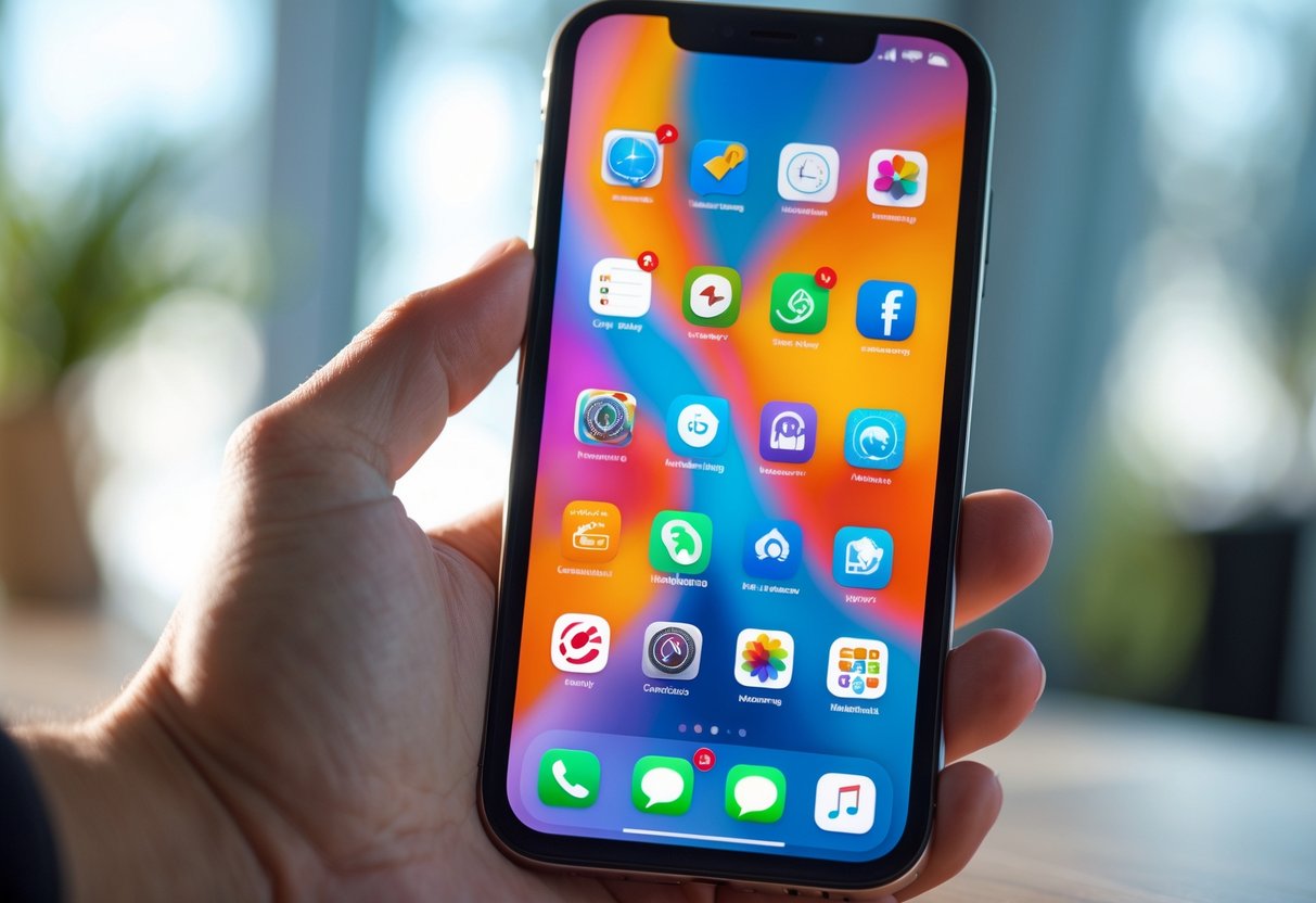 A person holding a smartphone showing a customized home screen with colorful app icons.