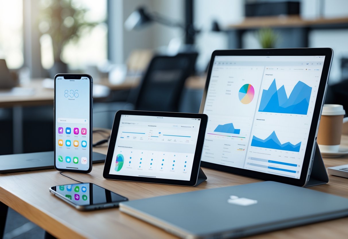 A workspace with a smartphone, tablet, and laptop displaying different user interfaces on a wooden desk in an office setting.