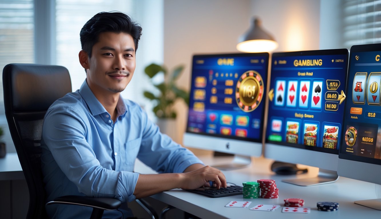 Seorang pria muda duduk di meja dengan beberapa layar komputer menampilkan permainan slot online, terlihat fokus dan santai di ruang kerja yang rapi.