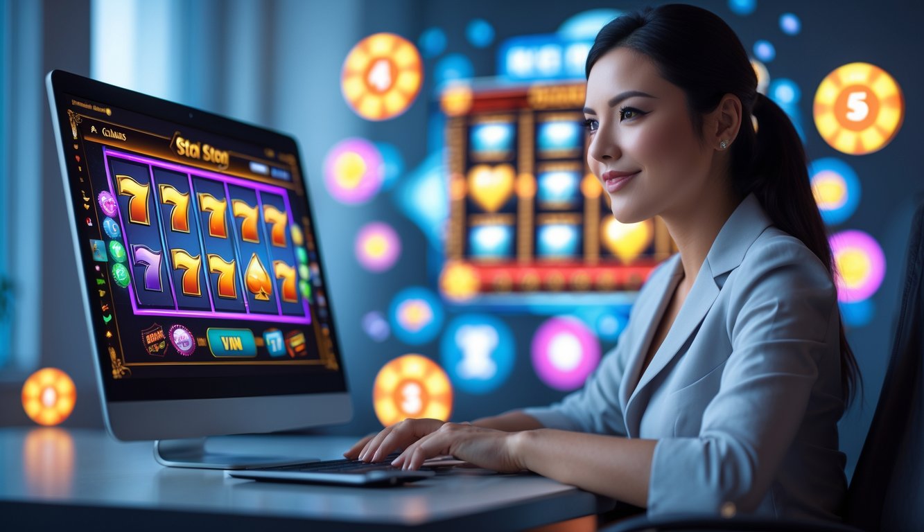 Seorang wanita muda duduk di depan laptop yang menampilkan permainan slot online, dengan ekspresi percaya diri dan suasana ruangan yang modern.