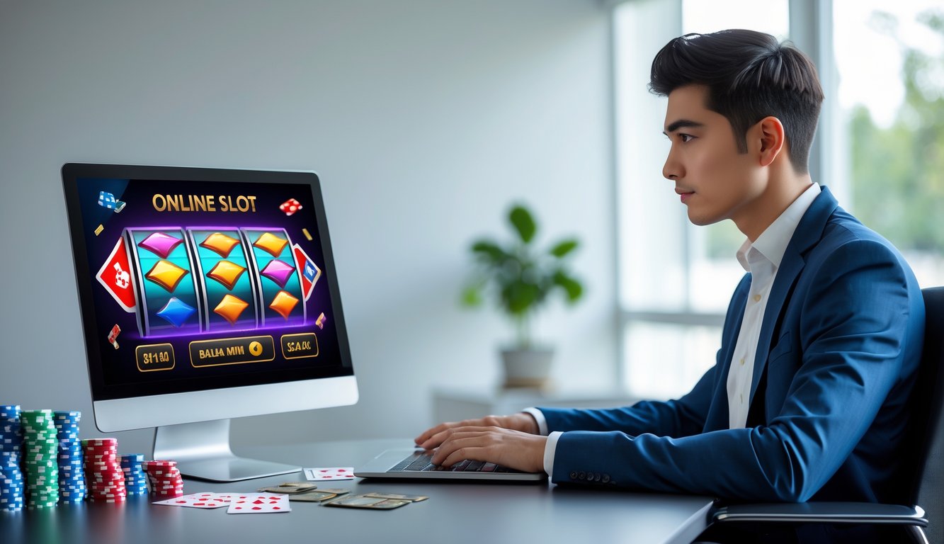 Seorang dewasa muda duduk di meja modern dengan laptop menampilkan permainan slot online, dikelilingi chip kasino dan kartu remi.