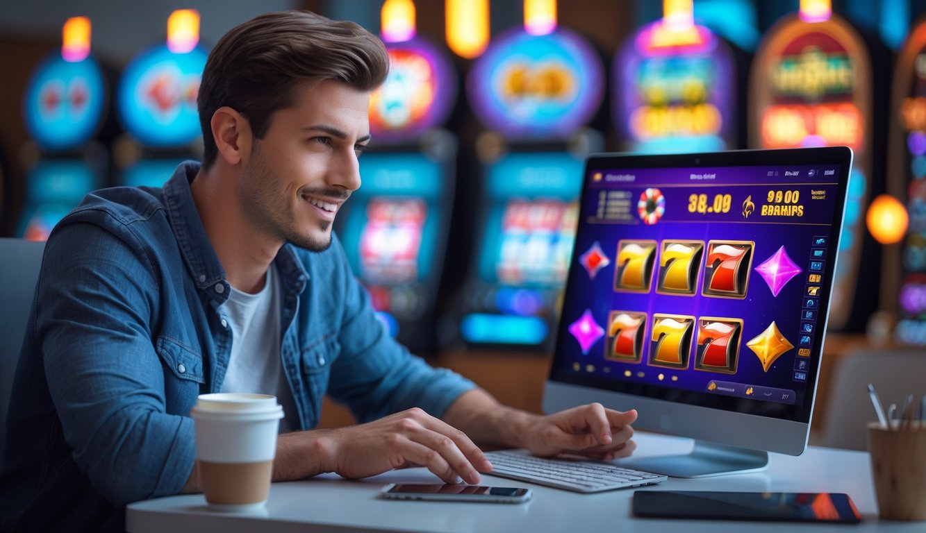 Seorang pria muda duduk di depan laptop dengan latar belakang suasana kasino digital yang samar dan simbol permainan slot yang menyala.