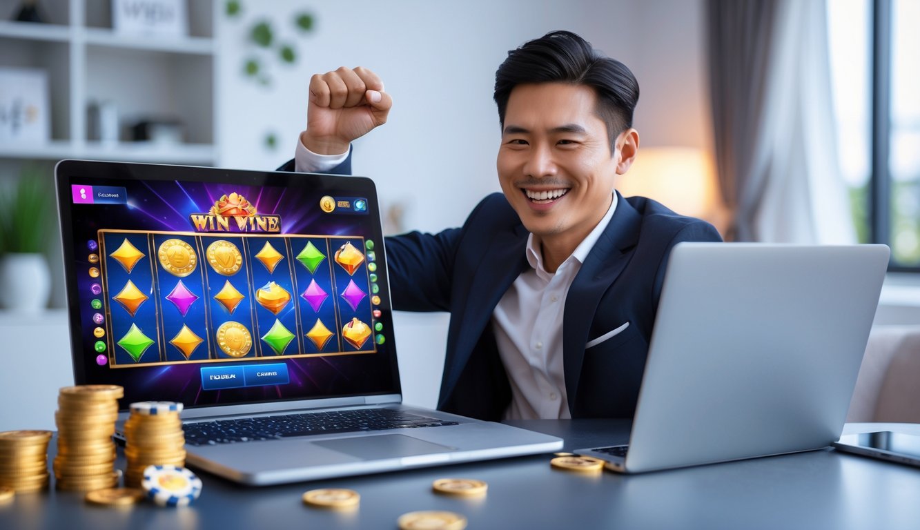 Seorang pria Asia Tenggara tersenyum bahagia sambil duduk di depan laptop yang menampilkan permainan slot online di sebuah ruang kerja rumah yang rapi dan modern.