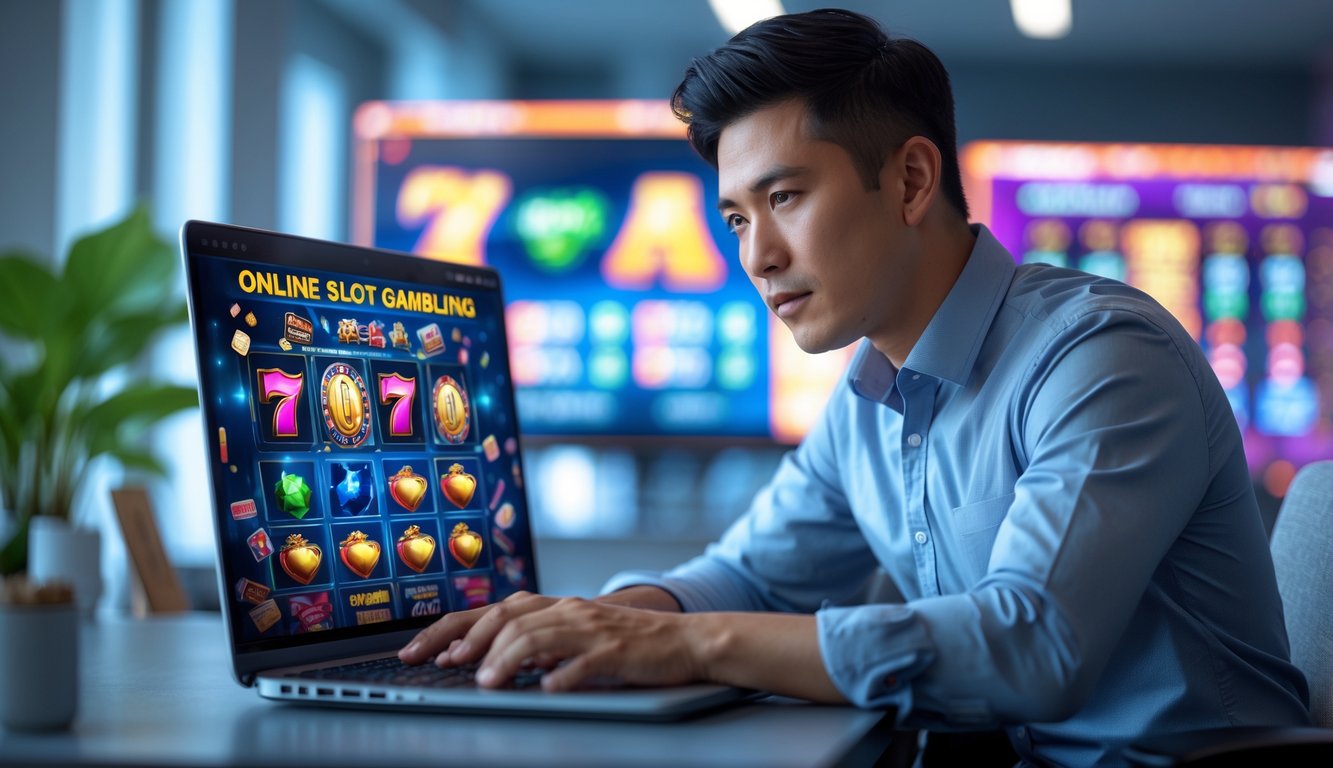 Seorang pria muda duduk di meja kantor dengan laptop yang menampilkan permainan slot online, terlihat fokus dan profesional.
