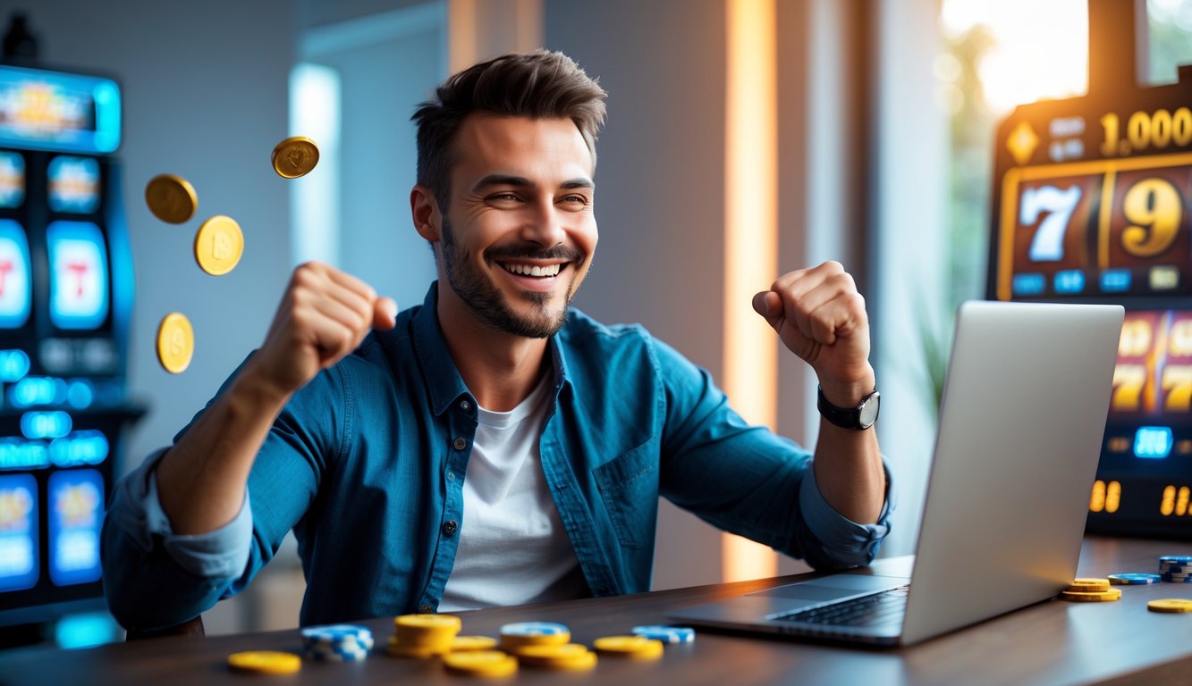 Seorang pria sedang merayakan kemenangan besar saat bermain judi slot online di ruang kerja modern.