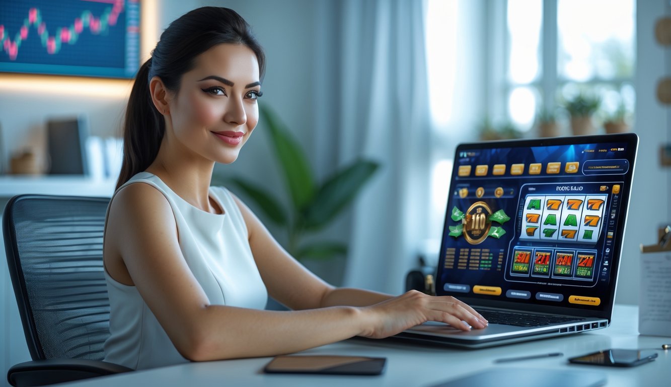 Seorang wanita muda duduk di meja modern menggunakan laptop untuk bermain permainan slot online dengan ekspresi fokus dan optimis.