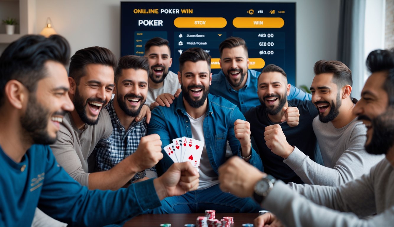 Sekelompok pria merayakan kemenangan besar saat bermain poker online di ruang tamu modern.