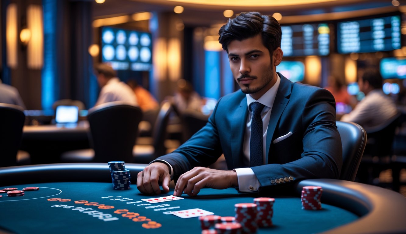 Seorang pria muda percaya diri duduk di meja poker dengan chip dan kartu bermain di kasino modern.