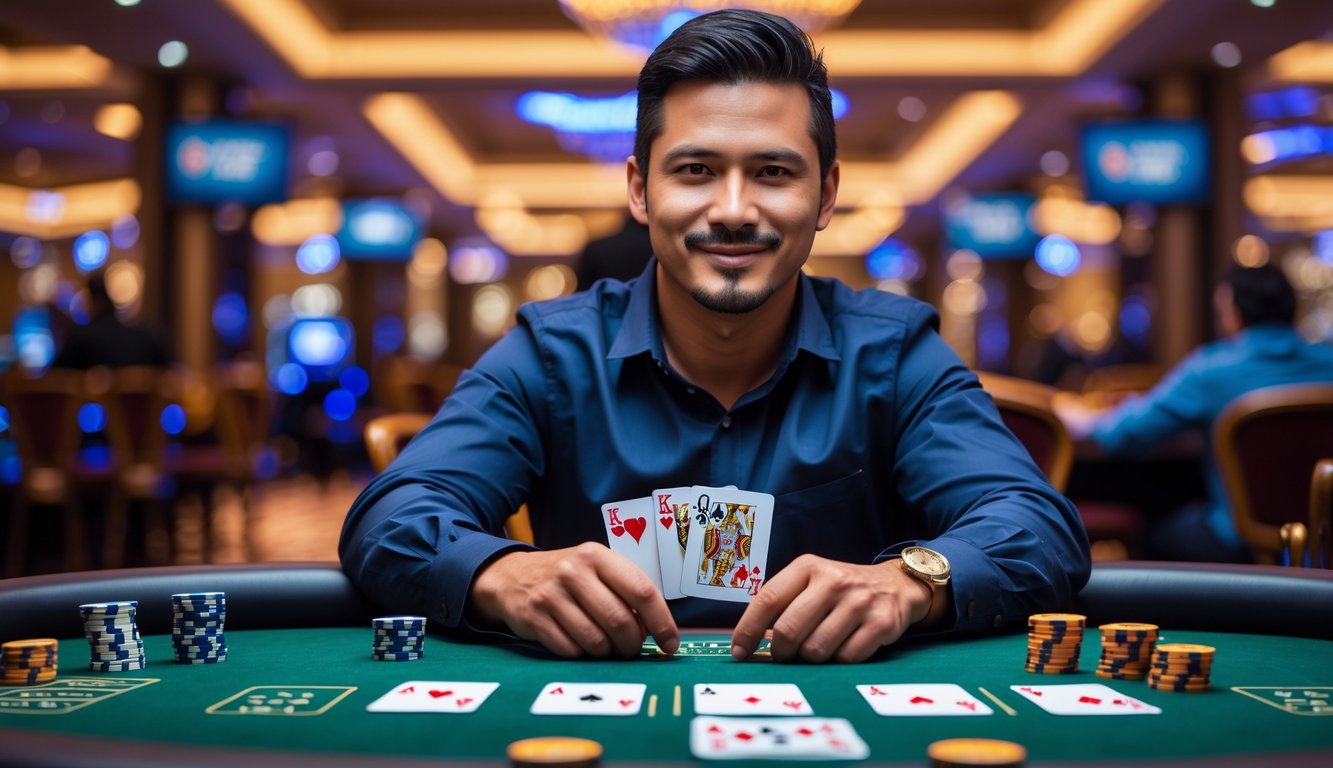 Seorang pria percaya diri duduk di meja poker dengan kartu dan chip poker di kasino yang mewah.
