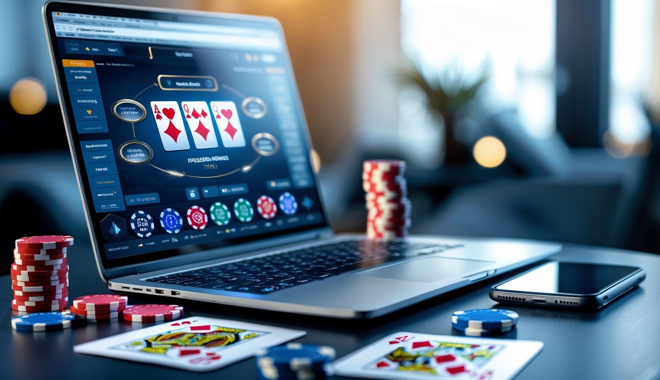 Meja kerja dengan laptop menampilkan permainan poker online, dikelilingi chip poker dan kartu remi.
