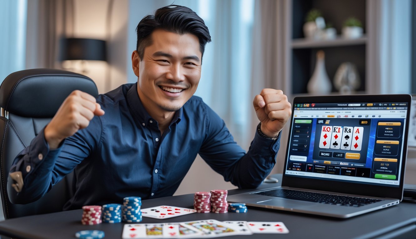 Seorang pria Asia Tenggara duduk di meja dengan laptop dan tumpukan chip poker, tampak senang setelah menang judi poker online.