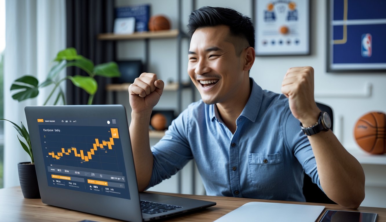 Seorang pria Asia Tenggara duduk di meja dengan laptop, tampak senang dan merayakan kemenangan taruhan NBA secara online.