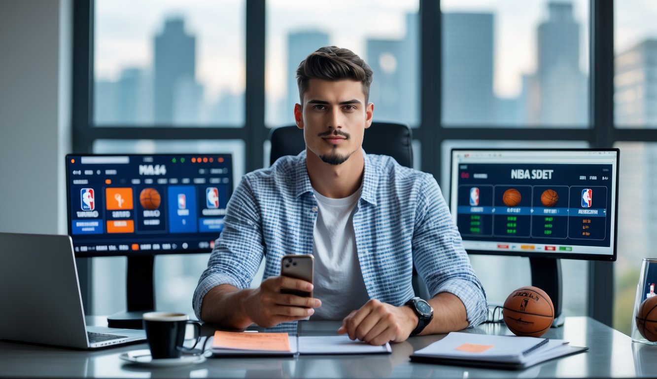 Seorang pria muda duduk di meja dengan beberapa layar menampilkan pertandingan NBA dan peluang taruhan, terlihat fokus sambil memegang ponsel dan buku catatan di ruang kerja modern.