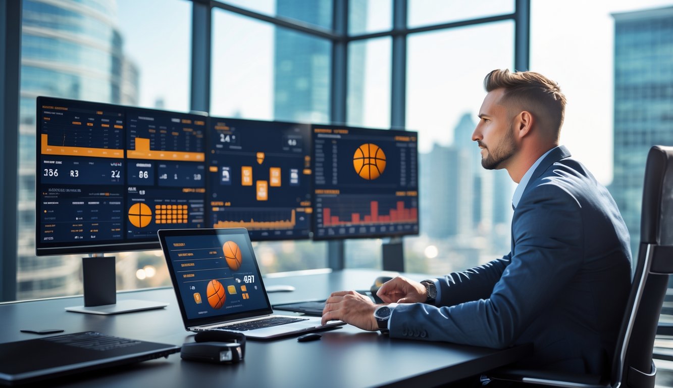 Seorang pria bisnis percaya diri sedang menganalisis statistik pertandingan bola basket di kantor modern dengan layar digital dan pemandangan kota di latar belakang.
