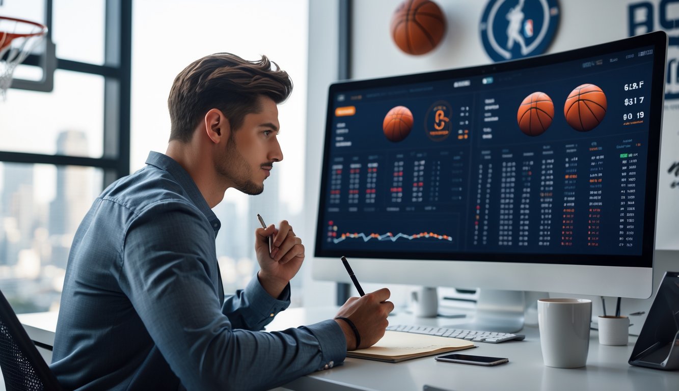 Seorang pria muda duduk di meja kerja dengan layar komputer menampilkan statistik dan pembaruan pertandingan NBA, di ruang kantor dengan jendela besar dan dekorasi bola basket.
