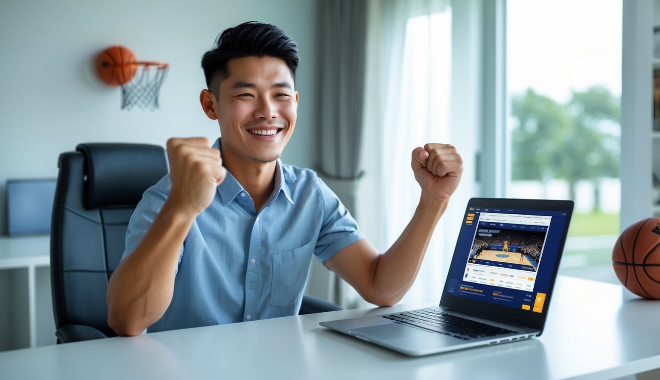 Seorang pria muda sedang duduk di meja dengan laptop, tersenyum dan merayakan kemenangan taruhan NBA di rumah.