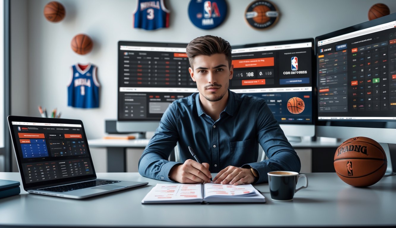 Seorang pria muda duduk di meja dengan beberapa layar menampilkan pertandingan NBA dan peluang taruhan, sedang menganalisis data dengan serius di ruang kerja modern.