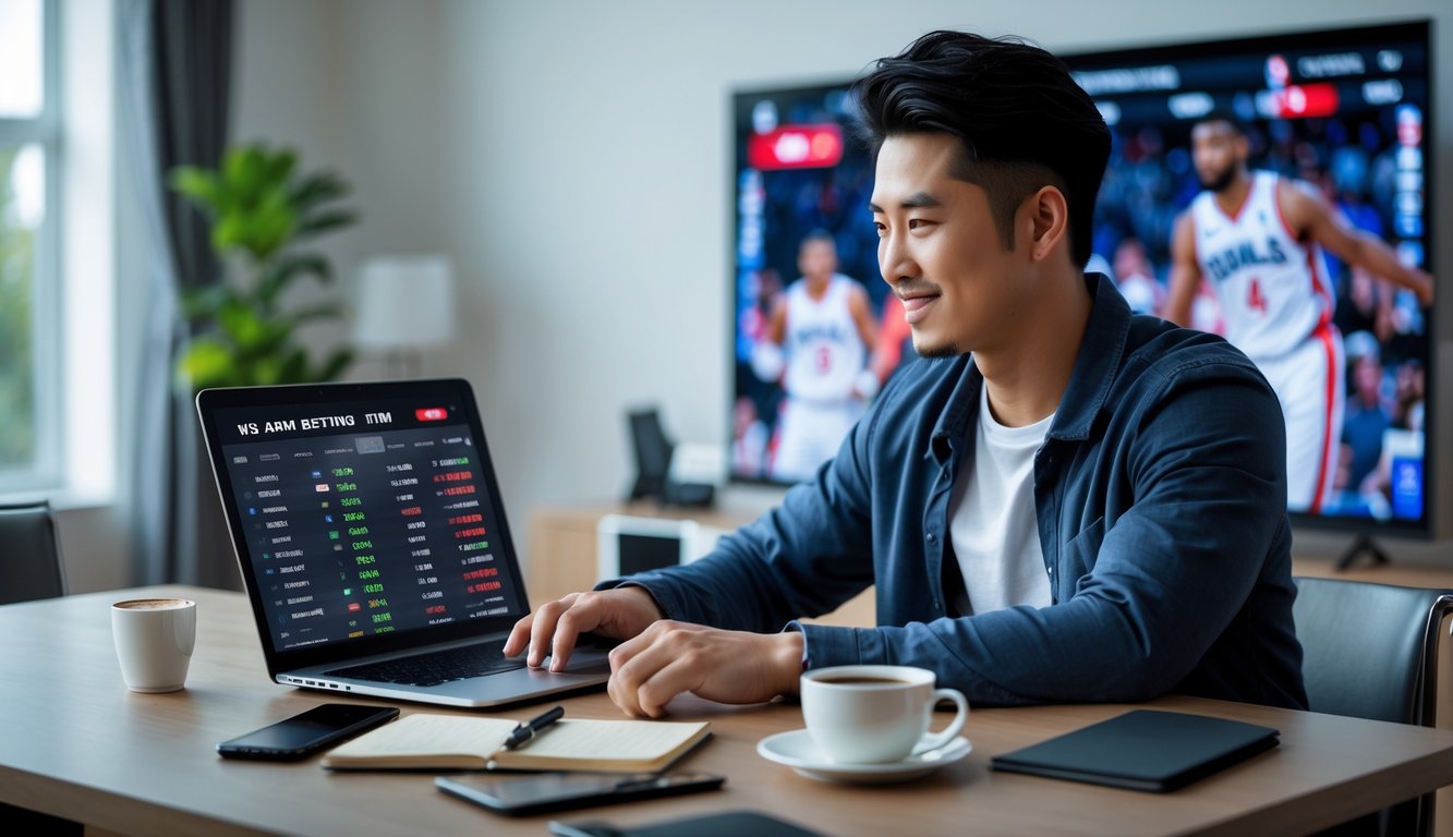 Seorang pria muda duduk di meja dengan laptop yang menampilkan statistik pertandingan bola basket dan peluang taruhan, di ruangan dengan televisi menayangkan pertandingan NBA.
