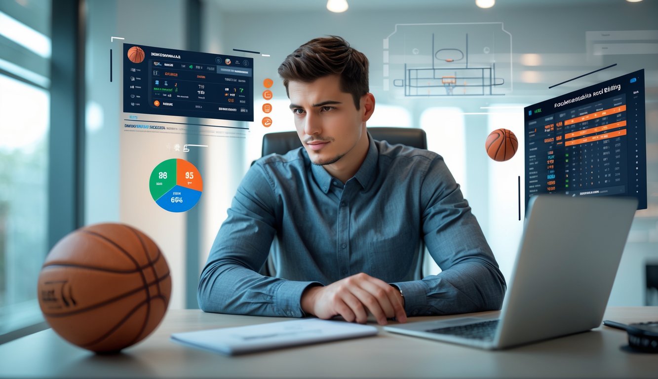 Seorang pria muda duduk di meja dengan laptop, dikelilingi bola basket dan grafik taruhan, fokus pada layar komputer.