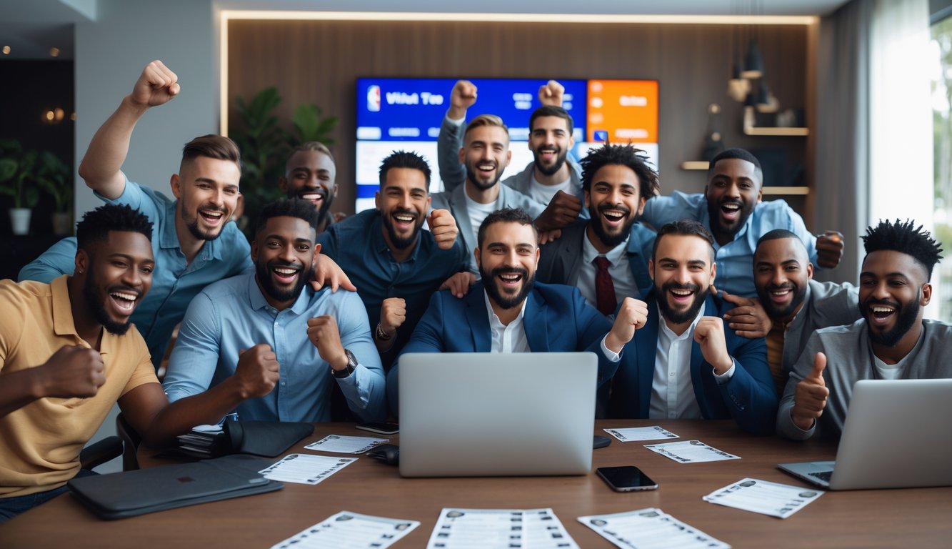 Sekelompok pria merayakan kemenangan taruhan NBA di ruang tamu modern dengan televisi besar menampilkan pertandingan bola basket.