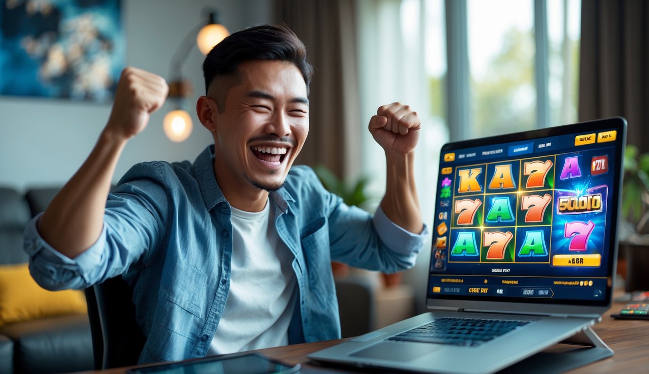 Seorang pria muda Indonesia sedang merayakan kemenangan besar saat bermain permainan slot online di laptop di rumah.